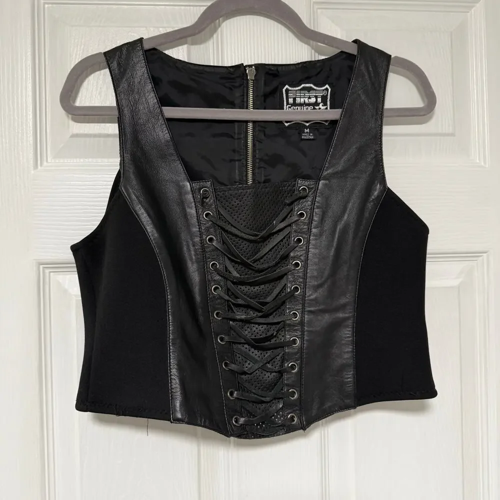 First Genuine Leather Women's Black Lace Up Corset Vest Size Medium - Picture 1 of 12